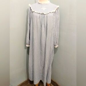 Lanz Of Salzburg Cotton Flannel Nightgown Blue White Stripe S Long Sleeve Granny